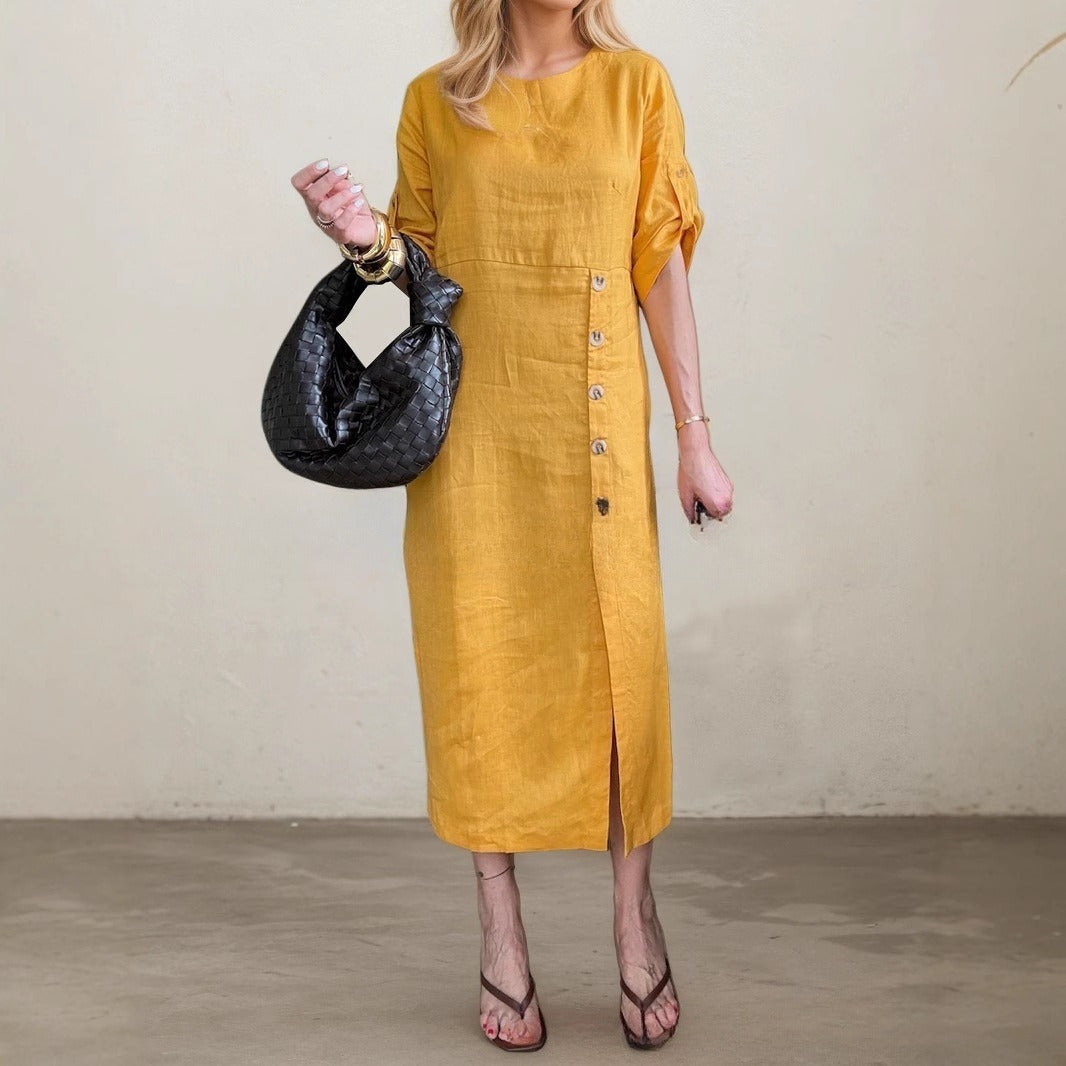 Round Neck Short Sleeve Button Split Mid-length Casual Dress