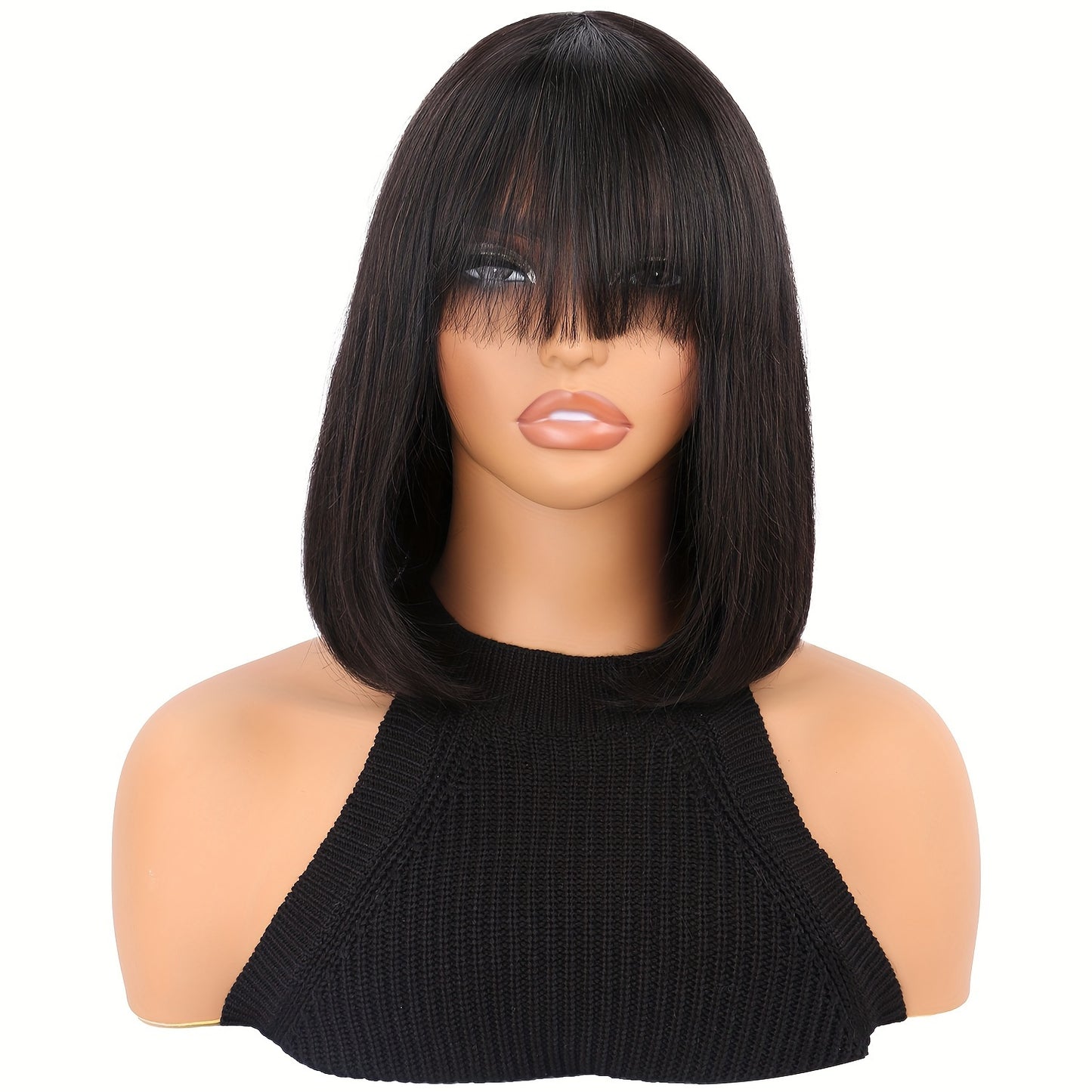 10 Inch Short Bob Human Hair Wig with Straight Bangs, Natural Black Color, 100% Density Rose Net Cap for Women, Shoulder-Length Sleek Bob Hairstyle, Middle Part with Neatly Trimmed Ends, Versatile Styling Options, Suitable fo
