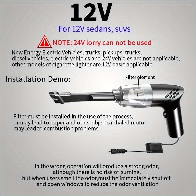 12V Powerful Car Handheld Vacuum Cleaner - Super Suction, Lightweight, Portable, Easy-to-Use, Cordless Design for Car Interior, Home, Office, Pet Hair, Crumbs, and Debris Cleaning - Mini Home Vacuum with High-Power Motor