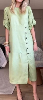 Round Neck Short Sleeve Button Split Mid-length Casual Dress
