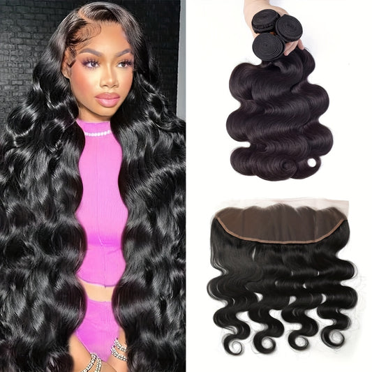 12A Brazilian Body Wave Human Hair Bundles With Frontal Closure Straight Bundles Human Hair With Frontal 100% Unprocessed Virgin Hair Weave 3 Bundles With HD Lace Frontal