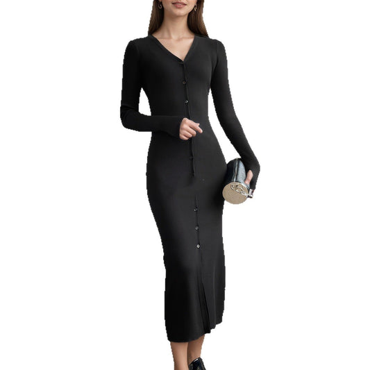Black Slim Fit V-neck Single Breasted Sheath Temperament Long Dress