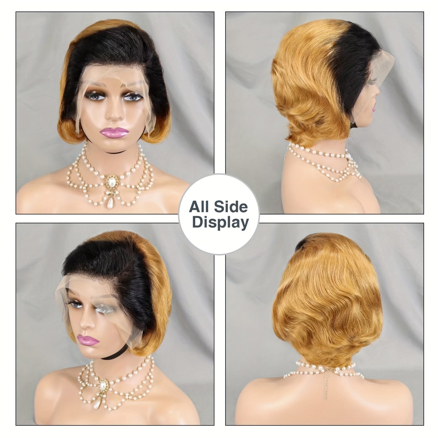 100% Human Hair Ombre Black And Honey Brown 13x4 Lace Frontal Free Part Pixie Cut Wig Straight Virgin Human Hair Wigs For Women 180% Density