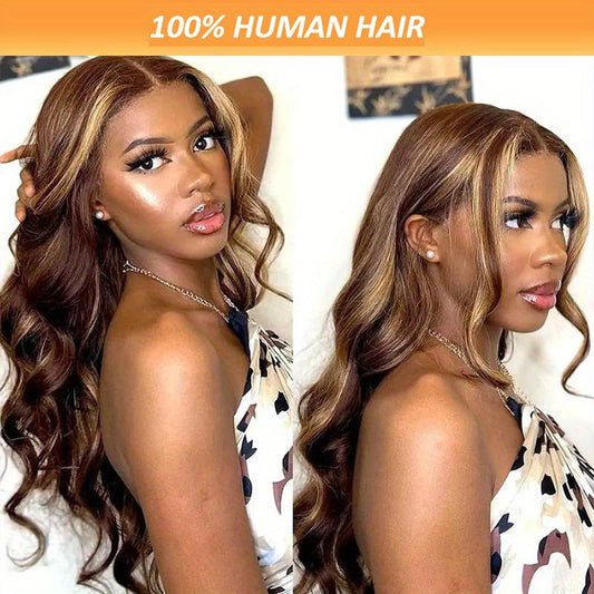 13x4 HD Lace Front Human Hair Wigs For Women Highlight P4/27 Body Wave Transparent Peruvian Lace Frontal Wig Lace Front Wig Ombre Brown Colored Pre Plucked 20-36 Inches 150% Density