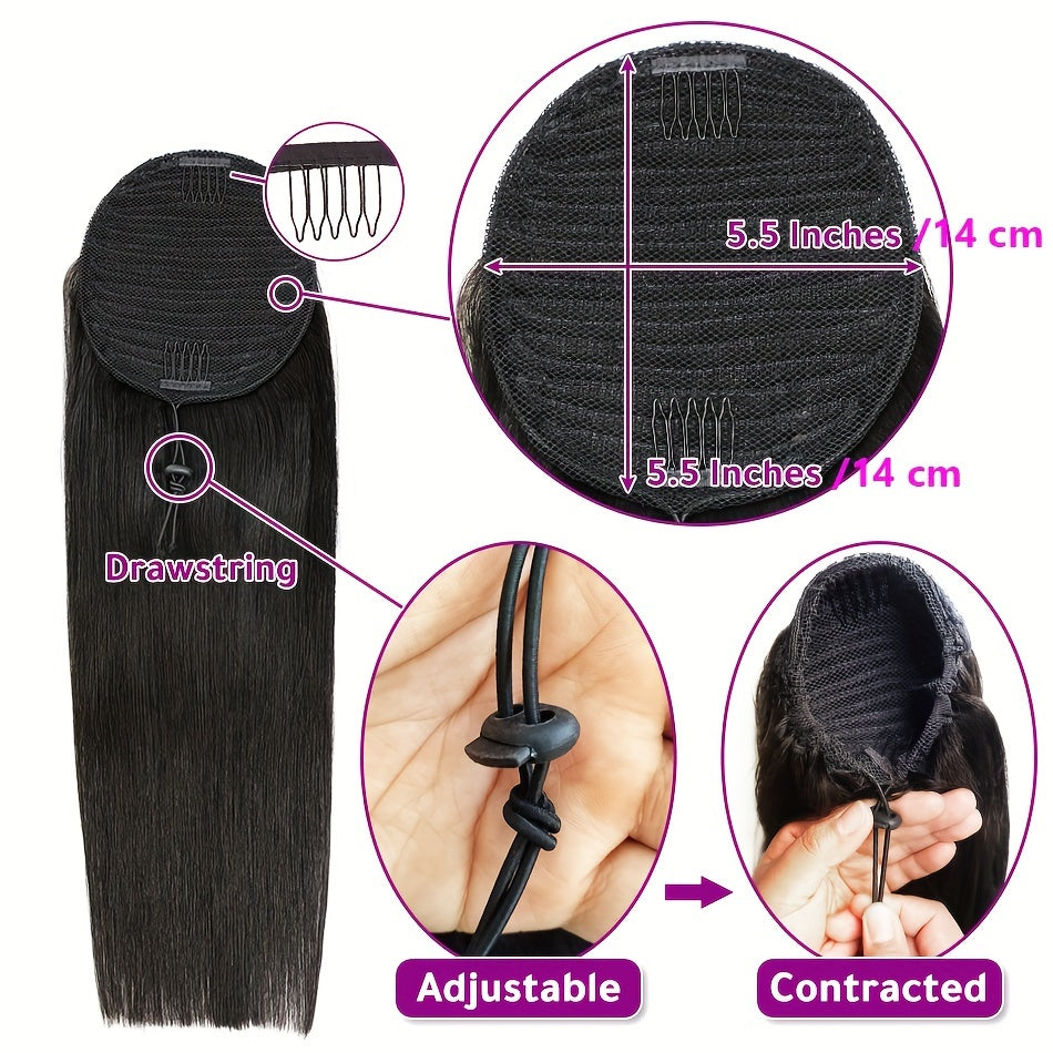 100% Human Hair Remy Straight Ponytail - Brazilian Drawstring Pony Tail Extensions 12-24 Inches Natural Hair