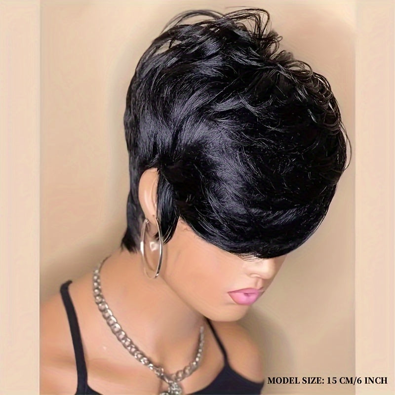[Natural Black Daily Party Wig] Women's Short Pixie Cut Wig, 6inch Straight Human Hair, Glueless Rose Cap, 180 Density, Natural Black, Daily & Party Use, Unisex, All Ethnicities