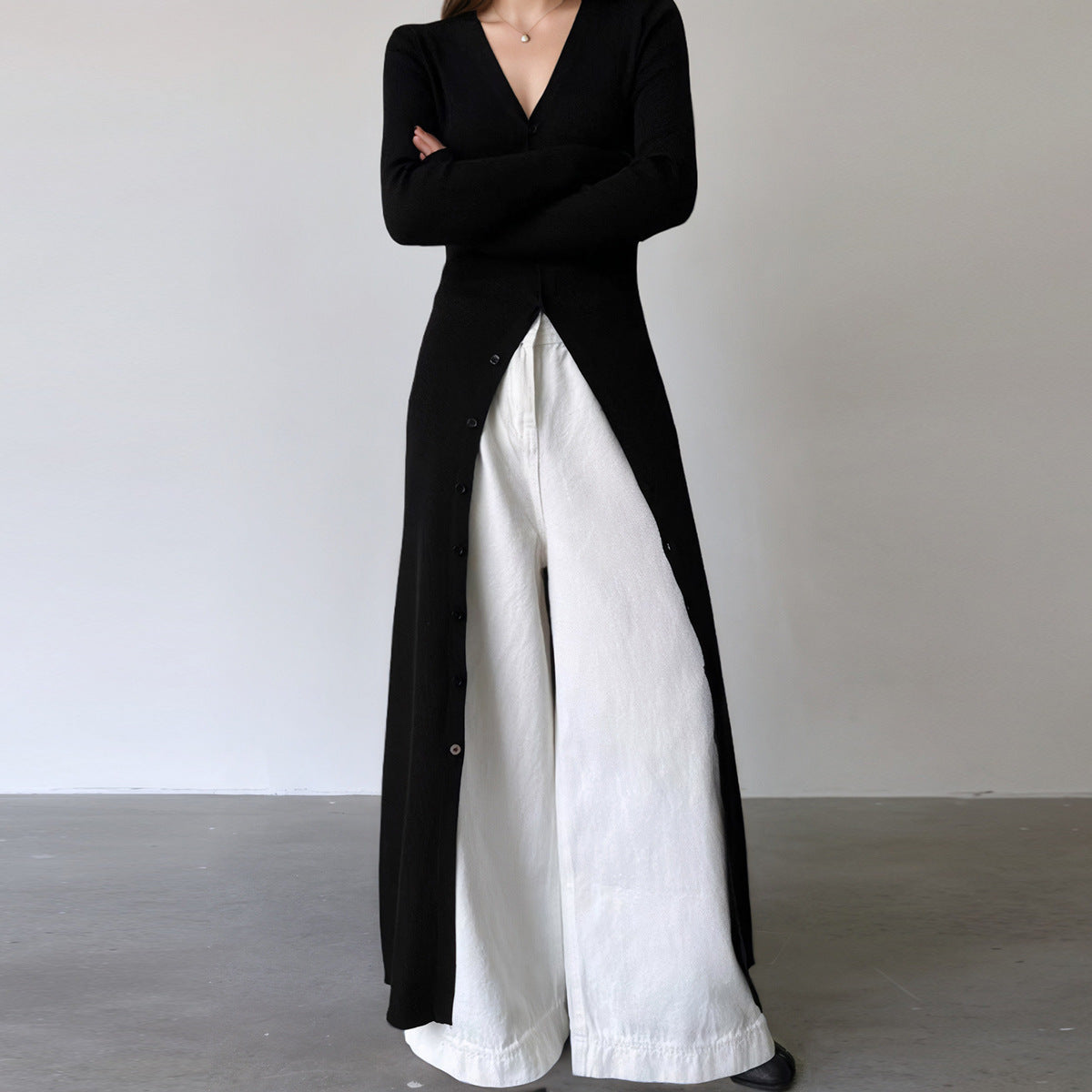 Black Slim Fit V-neck Single Breasted Sheath Temperament Long Dress