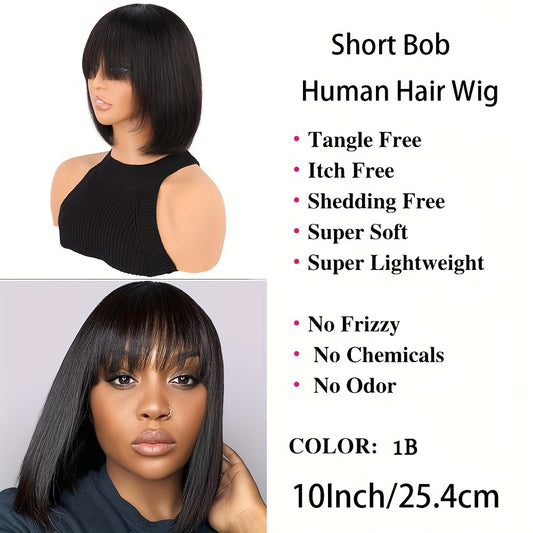 10 Inch Short Bob Human Hair Wig with Straight Bangs, Natural Black Color, 100% Density Rose Net Cap for Women, Shoulder-Length Sleek Bob Hairstyle, Middle Part with Neatly Trimmed Ends, Versatile Styling Options, Suitable fo