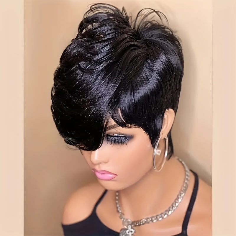[Natural Black Daily Party Wig] Women's Short Pixie Cut Wig, 6inch Straight Human Hair, Glueless Rose Cap, 180 Density, Natural Black, Daily & Party Use, Unisex, All Ethnicities