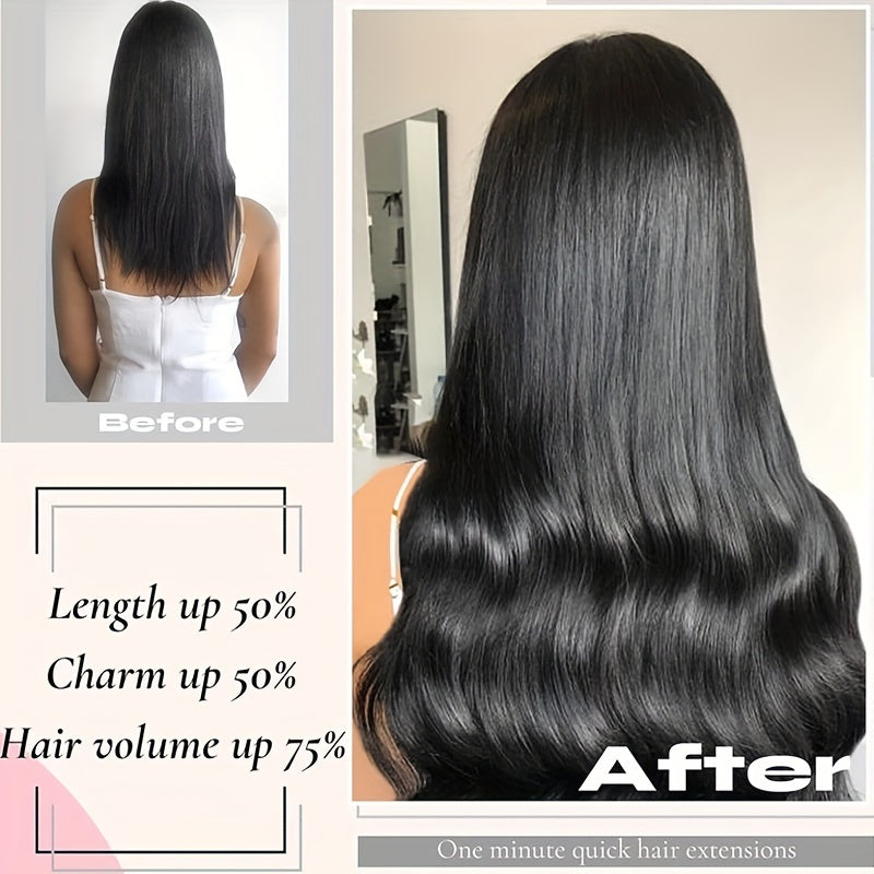 [Remy Human Hair Clip Ins] 8pcs Remy Human Hair Extensions Clip Ins - Straight Double Weft Invisible Seamless Clip On Hair Extensions 12-24 Inch 120g 1B Natural Black