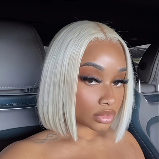 #60 Colored Short Bob Wig Ash Blonde Human Hair Wig For Women Silk Straight Wig Virgin Hair Brazilian Wig Glueless Thick Wig For Daily Use Platinum Blonde Colored HD Transaparent Lace Preplucked High Quality Wig