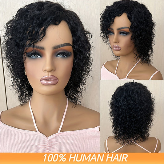 100% Brazilian Water Wave Human Hair Wigs, Short Curly Pixie Cut, Full Machine Made, No Lace, Unisex, Rose Cap, 150% Density, Curly Wave Style, for All Ethnicities