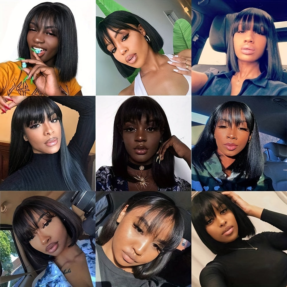 [180% Density HD Lace Bob] Straight Natural Scalp Raw Human Hair Glueless HD 2x1 Lace Bob With Bang Glueless Wigs 180% Density HD Lace Bob With Bang Natural Color