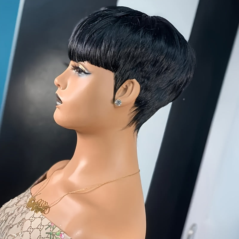[Natural Black Daily Party Wig] Women's Short Pixie Cut Wig, 6inch Straight Human Hair, Glueless Rose Cap, 180 Density, Natural Black, Daily & Party Use, Unisex, All Ethnicities