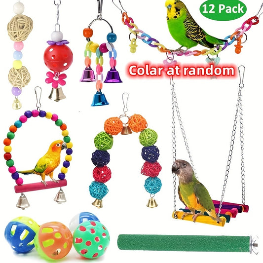 [Bird Wood Parrot Swing Toys] 12pcs/Pack Bird Toy Cage Bird Wood Parrot Toys Bird Toy Swing Suspension Bridge Ball Cage Bells Set