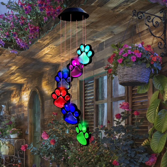 [Solar Wind Chimes] Paw Print Solar Wind Chimes | 1pc | Color Changing Solar Hanging Lights | Outside, Balcony, Patio, Yard Decor | Sympathy Gift for Pet Lover