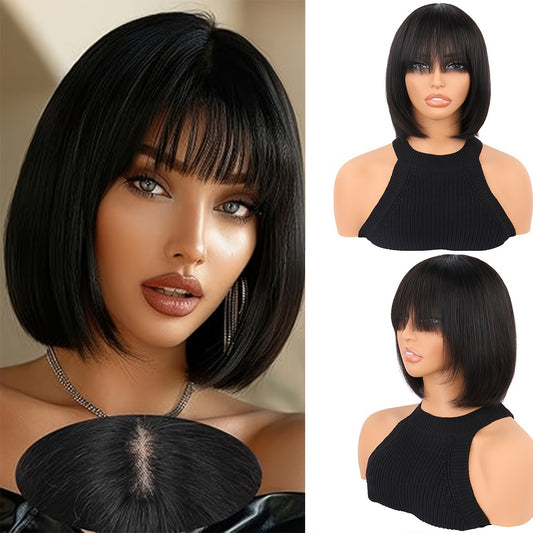 10 Inch Short Bob Human Hair Wig with Straight Bangs, Natural Black Color, 100% Density Rose Net Cap for Women, Shoulder-Length Sleek Bob Hairstyle, Middle Part with Neatly Trimmed Ends, Versatile Styling Options, Suitable fo