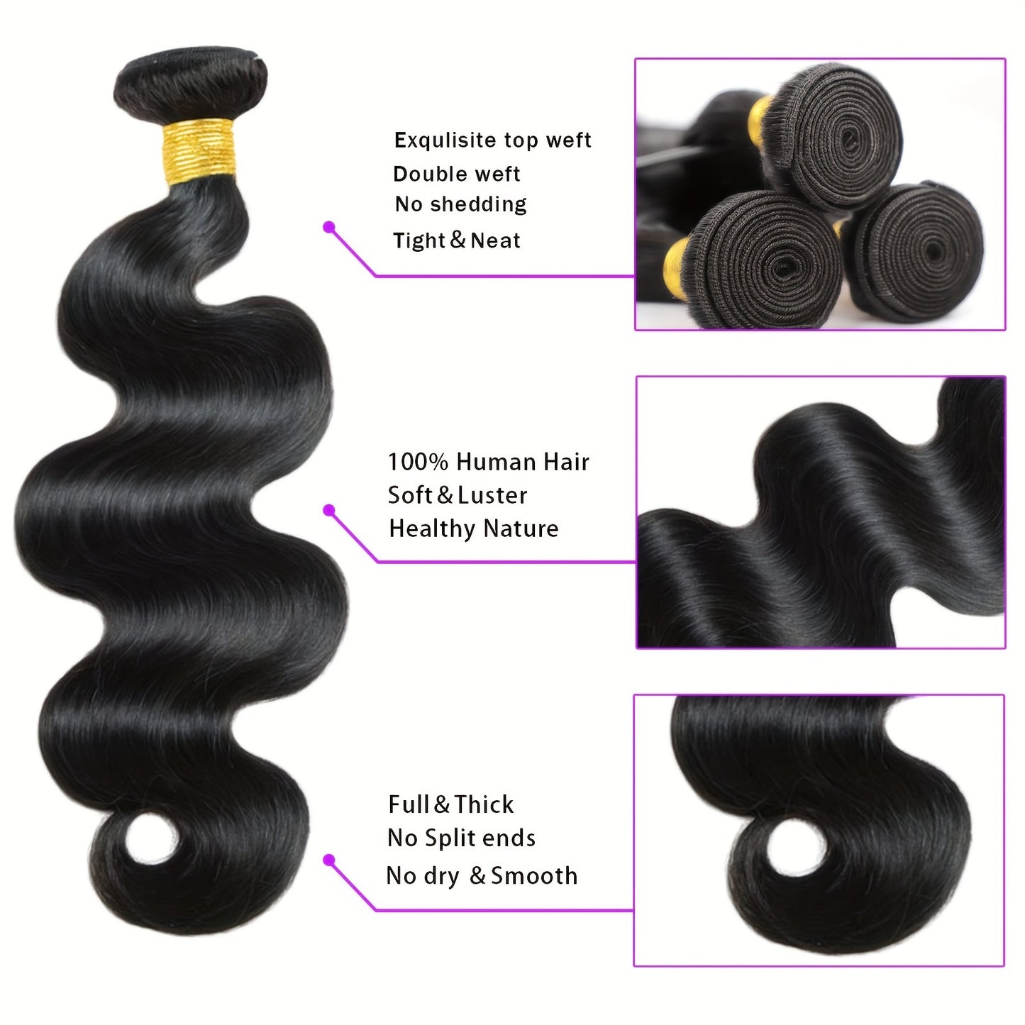 [3pcs Virgin Body Wave Hair Extensions] 3pcs Body Wave Bundles Virgin Human Hair Weave Extensions For Women Body Wave Human Hair Bundles