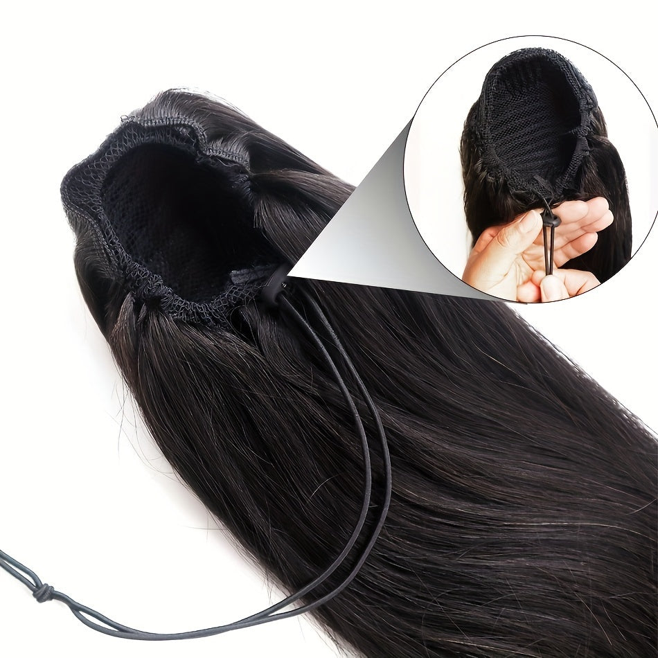 100% Human Hair Remy Straight Ponytail - Brazilian Drawstring Pony Tail Extensions 12-24 Inches Natural Hair