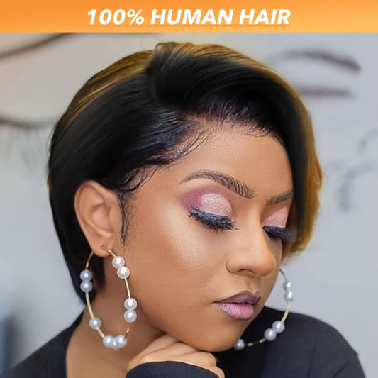 100% Human Hair Ombre Black And Honey Brown 13x4 Lace Frontal Free Part Pixie Cut Wig Straight Virgin Human Hair Wigs For Women 180% Density