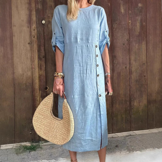 Round Neck Short Sleeve Button Split Mid-length Casual Dress