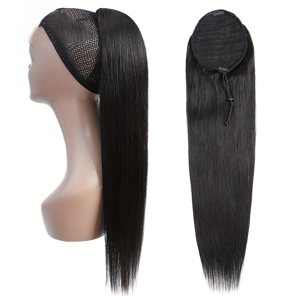 100% Human Hair Remy Straight Ponytail - Brazilian Drawstring Pony Tail Extensions 12-24 Inches Natural Hair