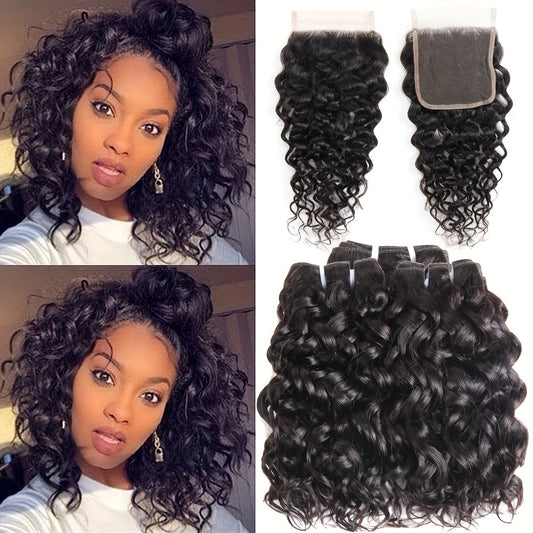 10A Water Wave Bundles with Closure Wet and Wavy Brazilian Virgin Human Hair 3 Bundles with 4x4 Lace Closure with Baby Hair Free Part 1B# Curly Wave Human Hair Extensions