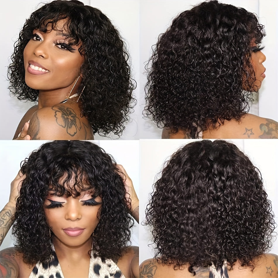100% Human Hair Bouncy Curly Wave Bob Wig with Bangs - 150% Density, Full Machine Crafted, Natural Black, Comfortable Fit (8-16 Inches) - Effortlessly Stylish & Breathable Hairpiece for Daily Glam