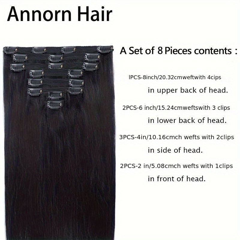 [Remy Human Hair Clip Ins] 8pcs Remy Human Hair Extensions Clip Ins - Straight Double Weft Invisible Seamless Clip On Hair Extensions 12-24 Inch 120g 1B Natural Black