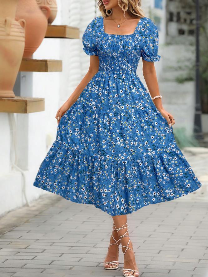 Printed Square Collar Waist-tight Puff Sleeve Layered Dress