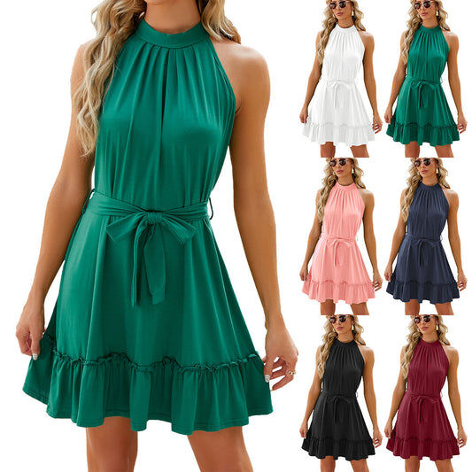 Solid Color Round Neck Halter Lace-up Dress Women