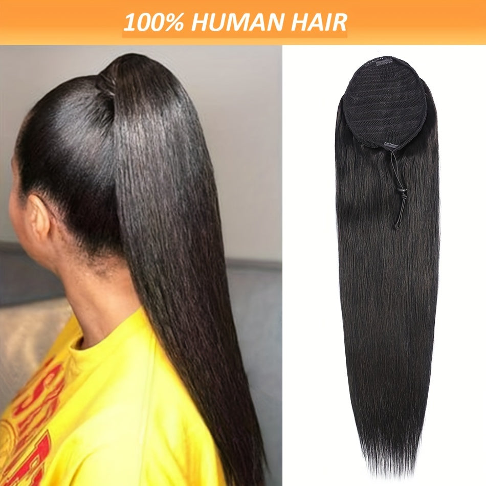 100% Human Hair Remy Straight Ponytail - Brazilian Drawstring Pony Tail Extensions 12-24 Inches Natural Hair