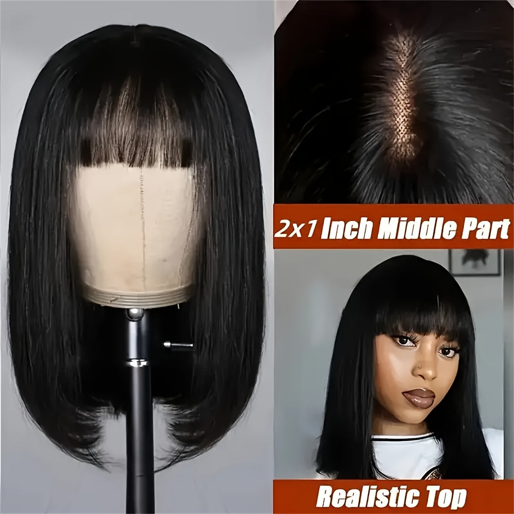 [180% Density HD Lace Bob] Straight Natural Scalp Raw Human Hair Glueless HD 2x1 Lace Bob With Bang Glueless Wigs 180% Density HD Lace Bob With Bang Natural Color