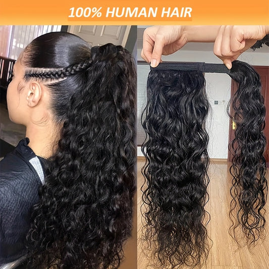 [Water Wave Hair Ponytail] Water Wave Human Hair Ponytail Extension - Natural Black Clip In Curly Ponytails For Women - Drawstring Ponytail Clip In Hair Extension