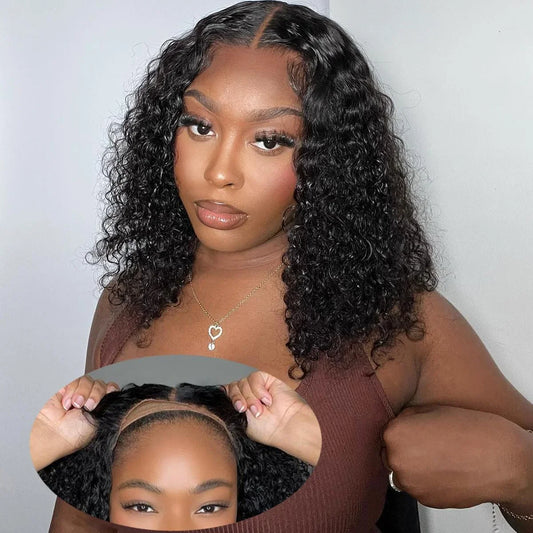 12 Inch Curly Bob Wigs Human Hair Deep Wave 4x4 HD Lace Front Wig Pre Plucked Lace Closure Curly Glueless Wig