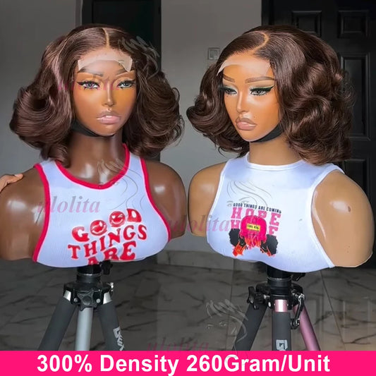 Ombre Chotolate brown Loose Bouncy Wave 4x4 HD Lace Closure Human hair Wigs 100% Vietnamese Hair Wear and Go Glueless Curly Wig