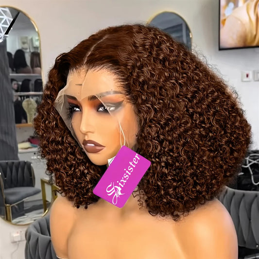 Deep Wave Short Bob Wig Chocolate Brown 13x4 Lace Front Wig Brazilian Human Hair Curly Short Bob Wig #4 Color Wigs 200% Density