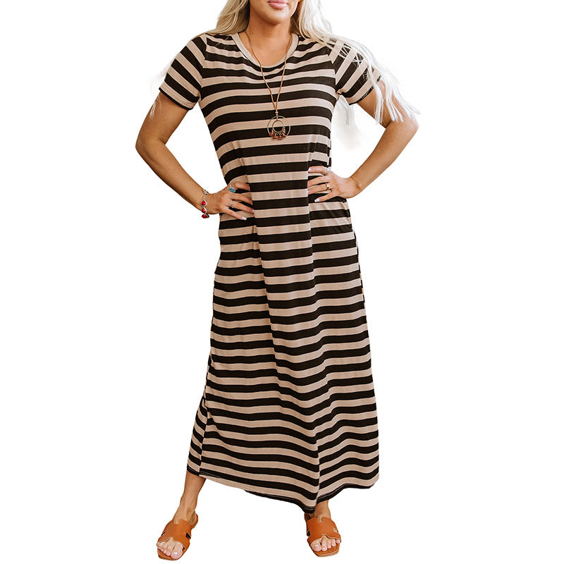 Spring And Summer Pullover Crew Neck Casual Style Striped Print Dress Women