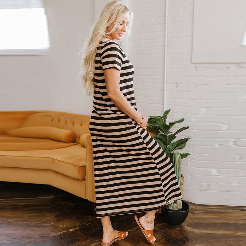 Spring And Summer Pullover Crew Neck Casual Style Striped Print Dress Women