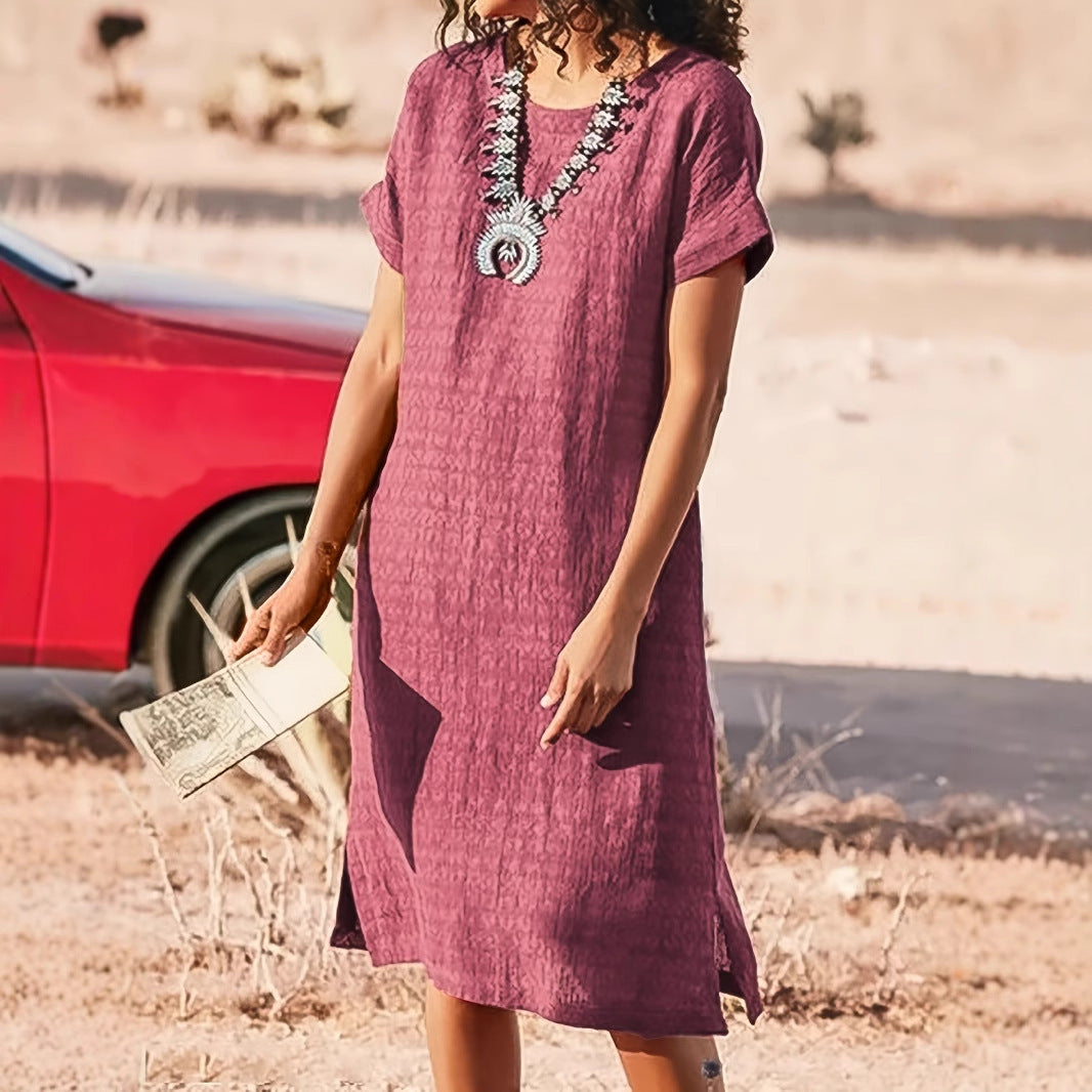 Round Neck Short Sleeve Split Fold Split Dress