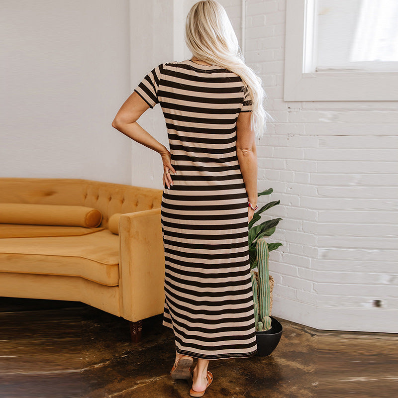 Spring And Summer Pullover Crew Neck Casual Style Striped Print Dress Women