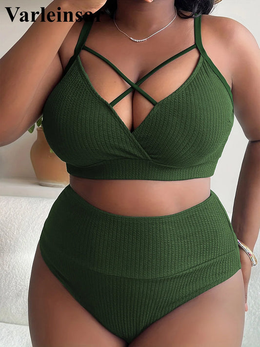 0XL - 4XL Ribbed Bikini Large Size Swimwear Plus Size Women Swimsuit Female Two-pieces Bikini set Bather Bathing Suit Swim V4982
