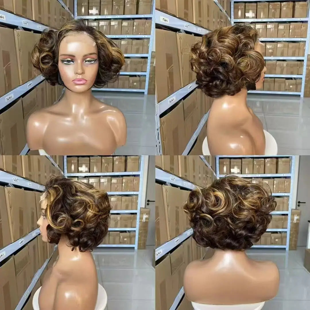 Ombre Chotolate brown Loose Bouncy Wave 4x4 HD Lace Closure Human hair Wigs 100% Vietnamese Hair Wear and Go Glueless Curly Wig