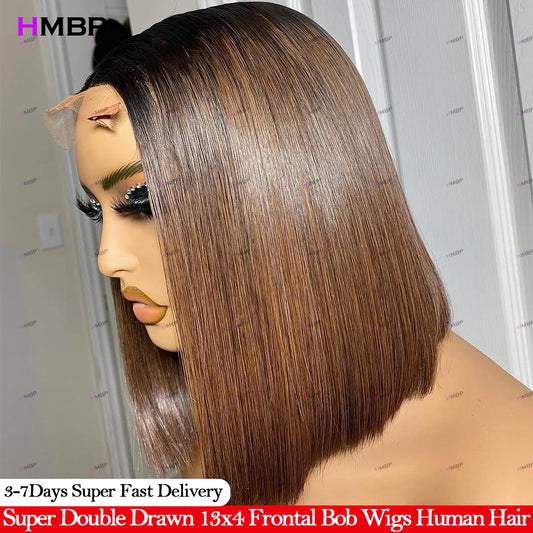 Vietnamese Super Double Drawn Bone Straight Chocolate Brown Preplucked 13x4 Frontal Bob Wig with 100% Human Hair For Black Women