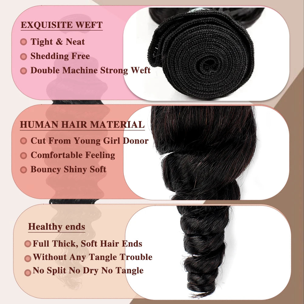 100% Brazilian Human Hair Bundles  Loose Wave 10-26 Inch Raw Hair Extensions  Weft Deals for Women Body Wave Natural