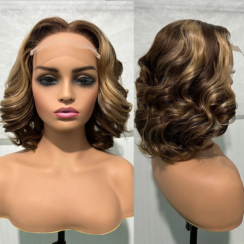100% Human Hair Wig Highlight Bob Bouncy Loose Curly 12" 250% Density 5x5 HD Lace Closure Glueless Wigs Human Hair Ready To Wear