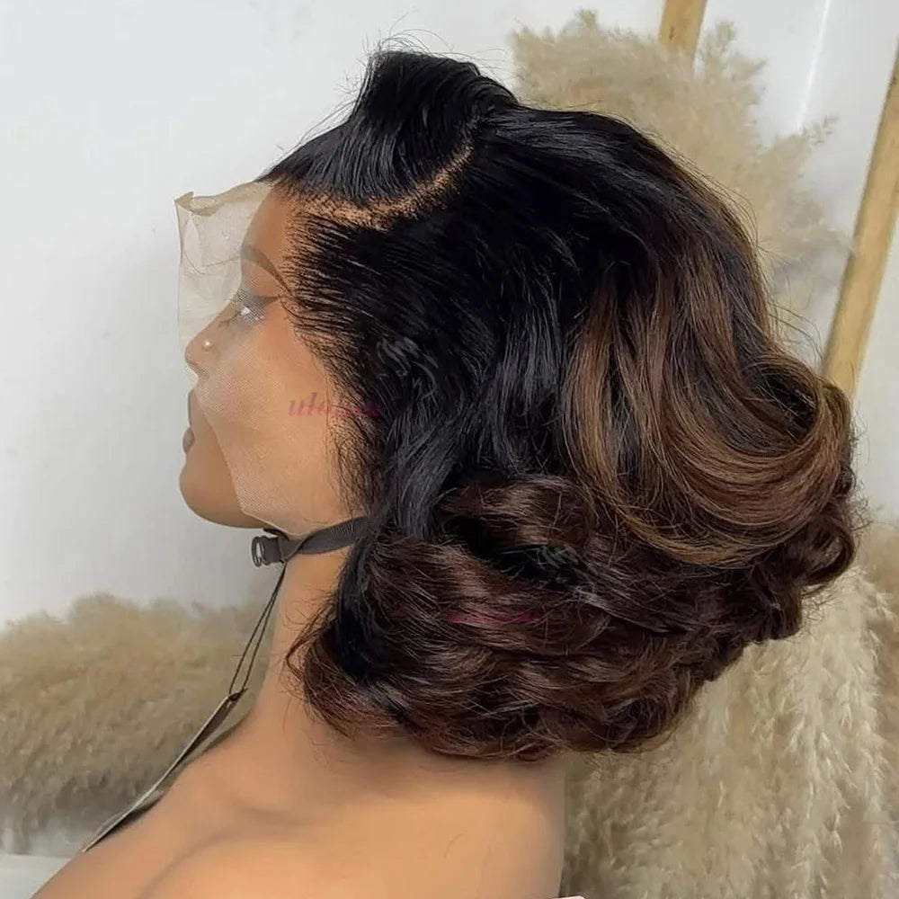 Ombre Chotolate brown Loose Bouncy Wave 4x4 HD Lace Closure Human hair Wigs 100% Vietnamese Hair Wear and Go Glueless Curly Wig