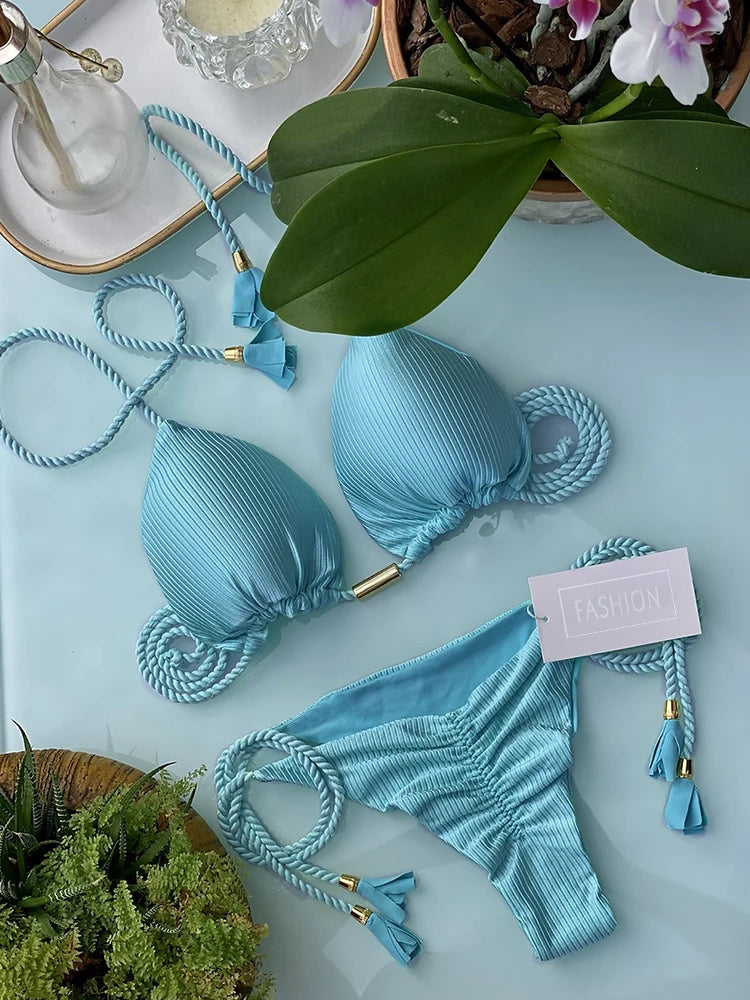 ZRTAK Pink Bikinis Triangle Biquinis Feminino Swimsuit String Bikini Sets Push Up Bikinis Women Bathing Suit Solid Swimwear