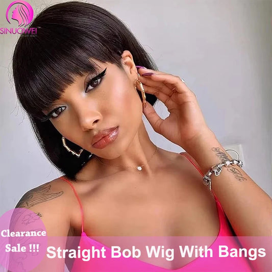Short Straight Bob Wig With Bangs Brazilian Human Hair Bob Wigs Remy Full Machine Made Wig for Women Non Lace Glueless Bob Wig