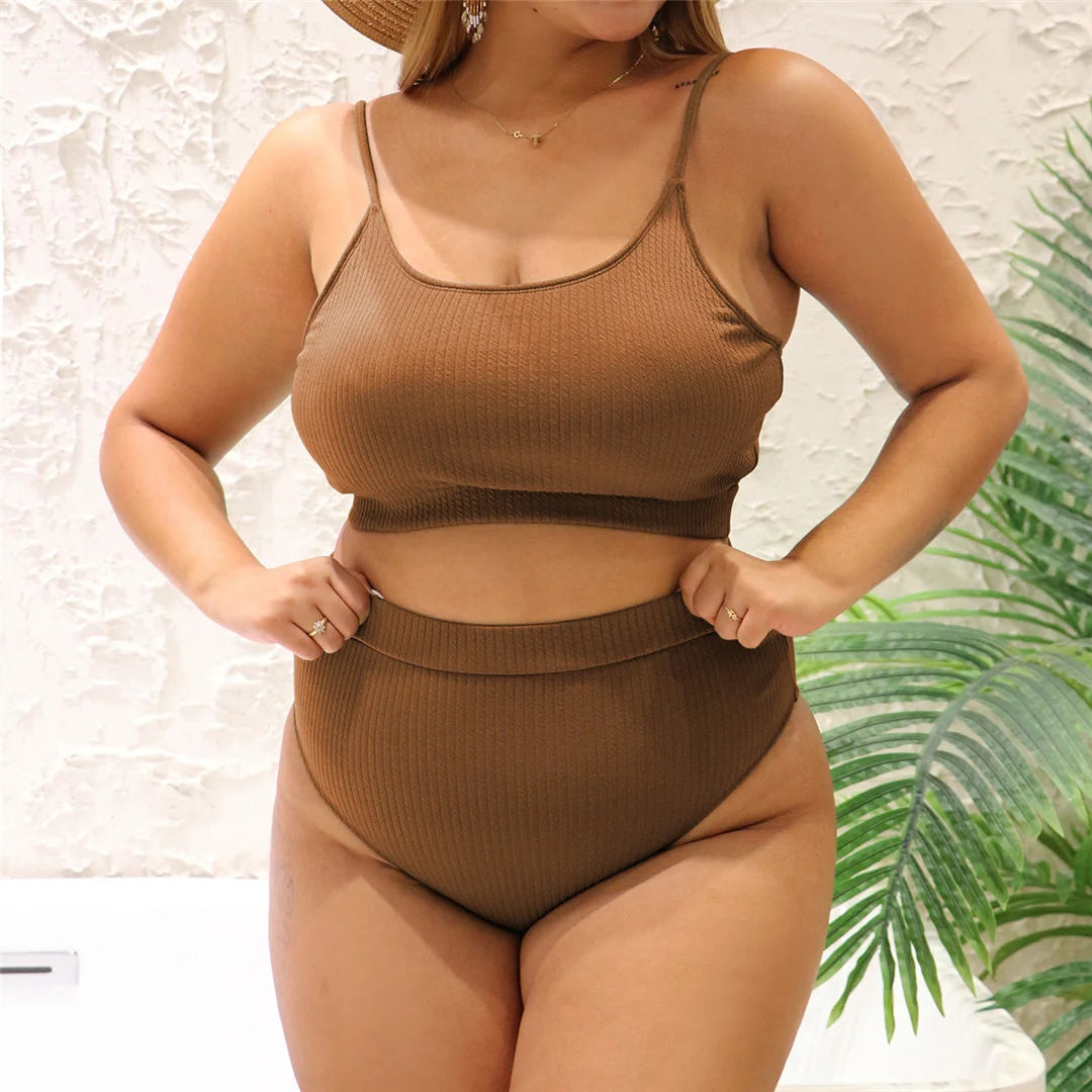 0XL - 4XL Ribbed Bikini Large Size Swimwear Plus Size Women Swimsuit Female Two-pieces Bikini set Bather Bathing Suit Swim V3774